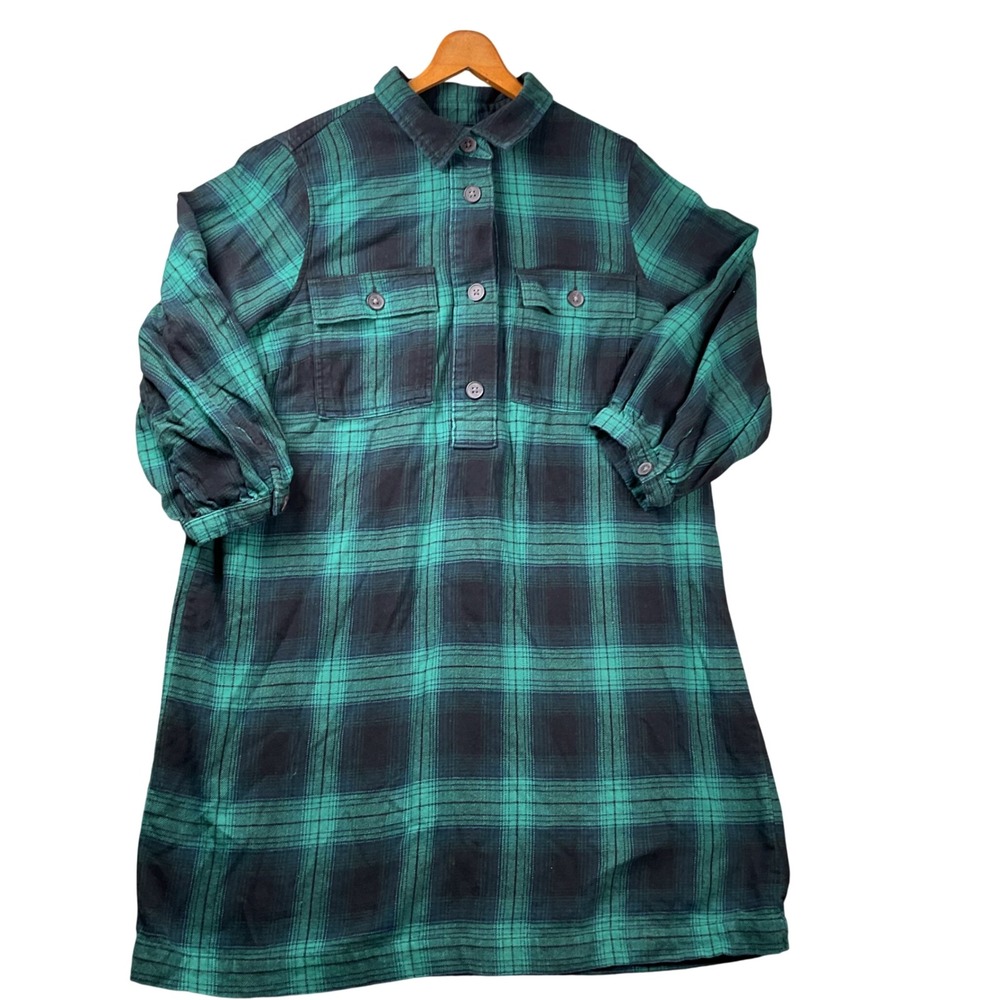 Gap Plaid Flannel Shirt Dress Womens Medium Green Navy Blue‎ Long Sleeve Cotton